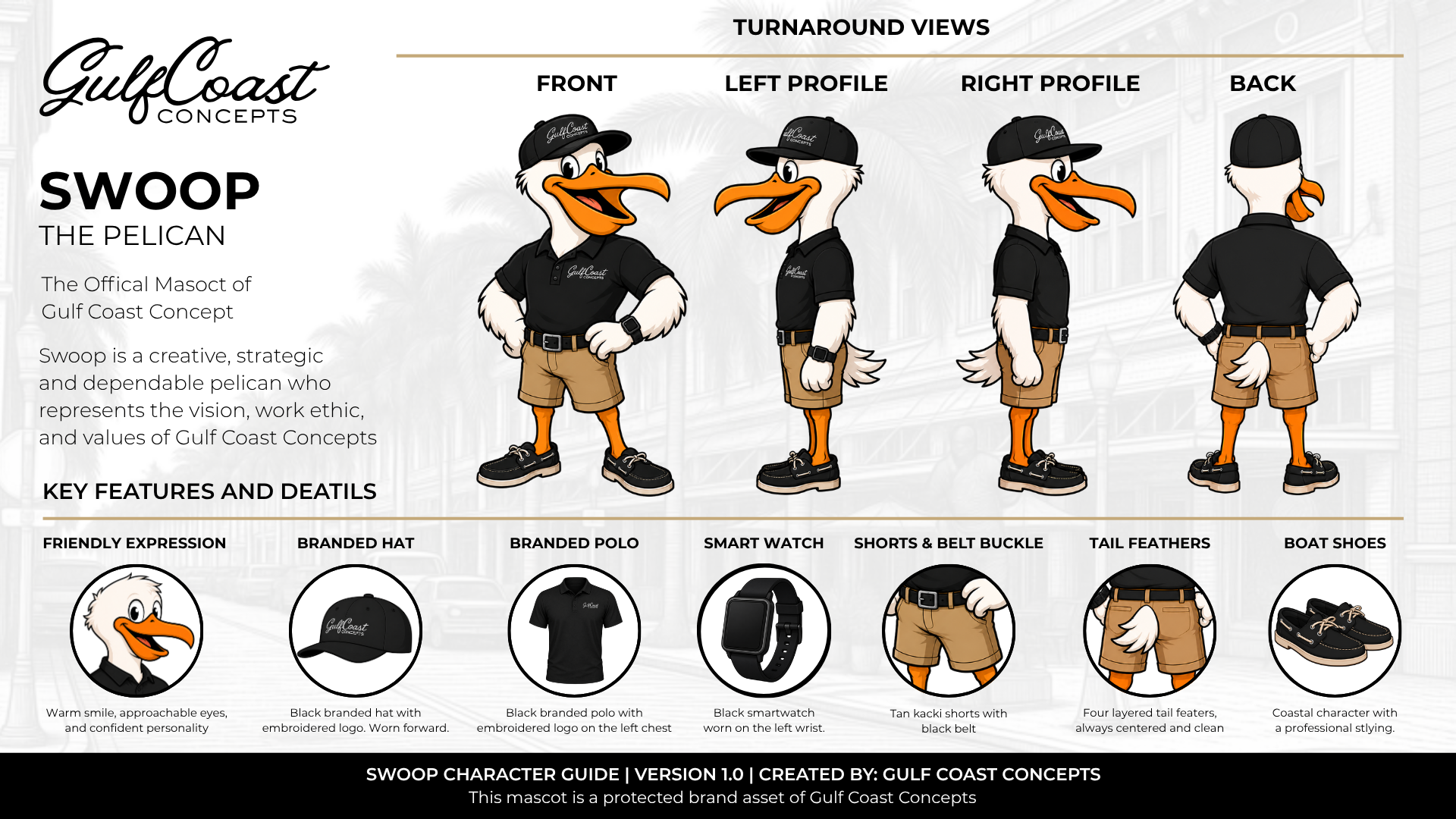 GCC Swoop the Pelican — mascot infographic showing character design, brand colors, and each stage of the Pelican Method mapped to Swoop's behavior