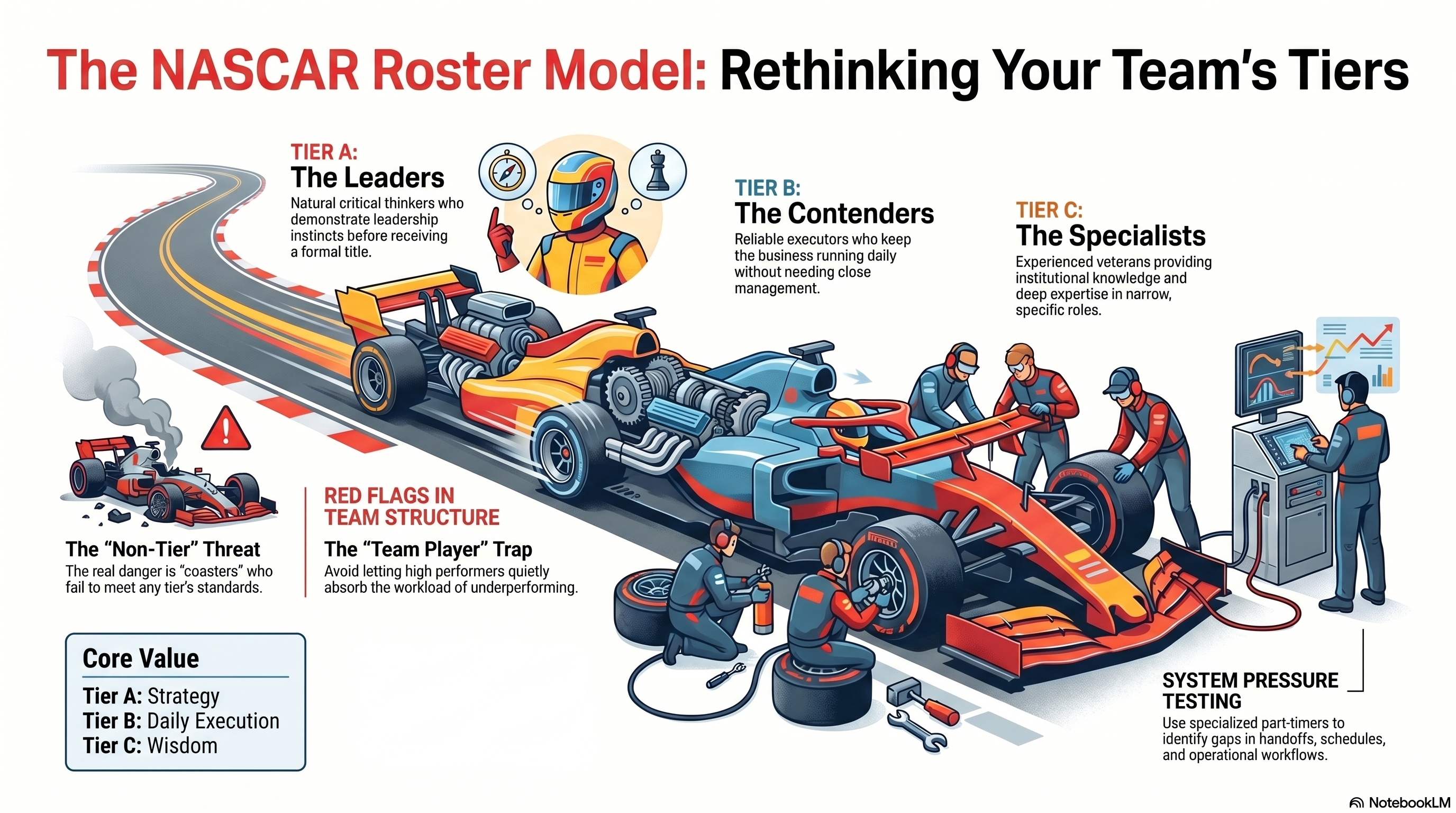 The NASCAR Roster Model: Rethinking Your Team's Tiers — infographic showing Tier A leaders, Tier B contenders, Tier C specialists, and red flags in team structure