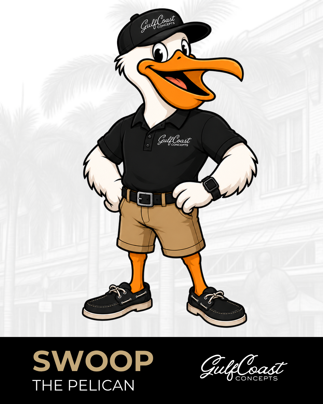 Swoop the Pelican — GCC mascot wearing a Gulf Coast Concepts polo, khaki shorts, boat shoes, and a GCC snapback